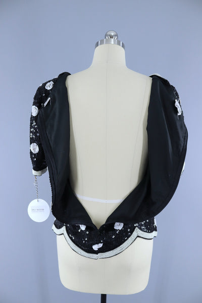 Vintage 1980s Sequined Blouse / Black & White Polka Dots - ThisBlueBird