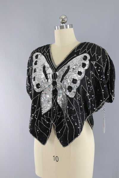 Vintage 1980s Sequined Butterfly Silk Blouse - ThisBlueBird
