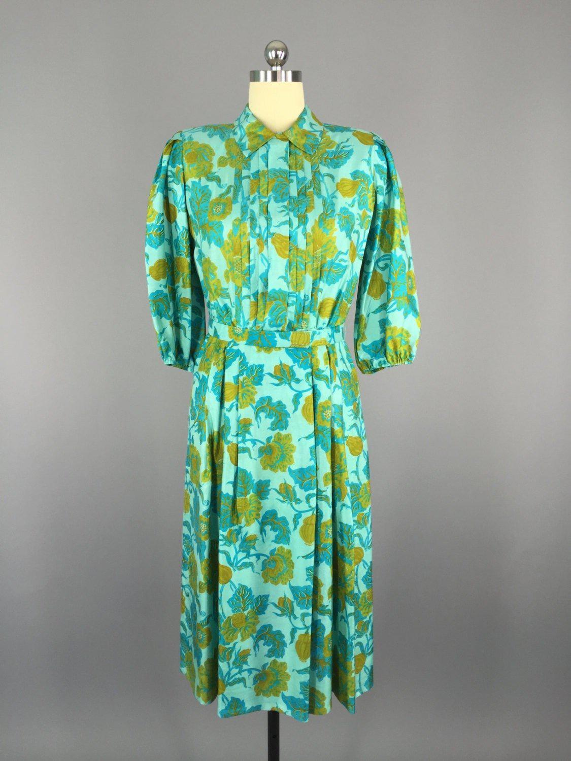 Vintage 1980s Silk Dress / Aqua Floral Print - ThisBlueBird