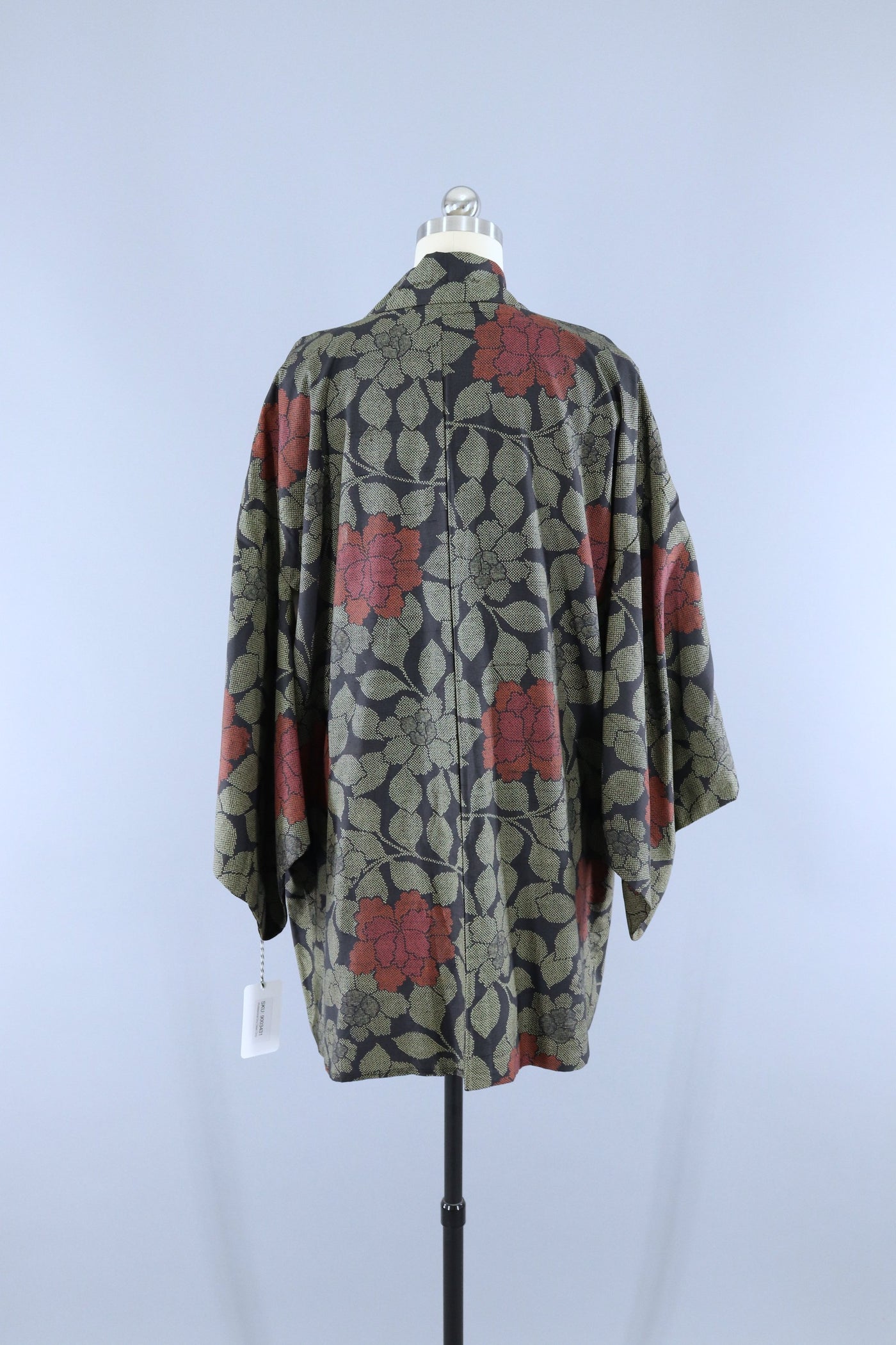Vintage 1980s Silk Haori Kimono Cardigan Jacket / Black & Khaki Floral - ThisBlueBird