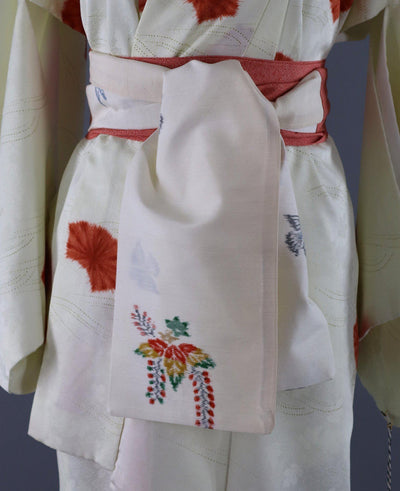 Vintage 1980s Silk Kimono Robe / Ivory Terra Cotta Shibori Fans - ThisBlueBird