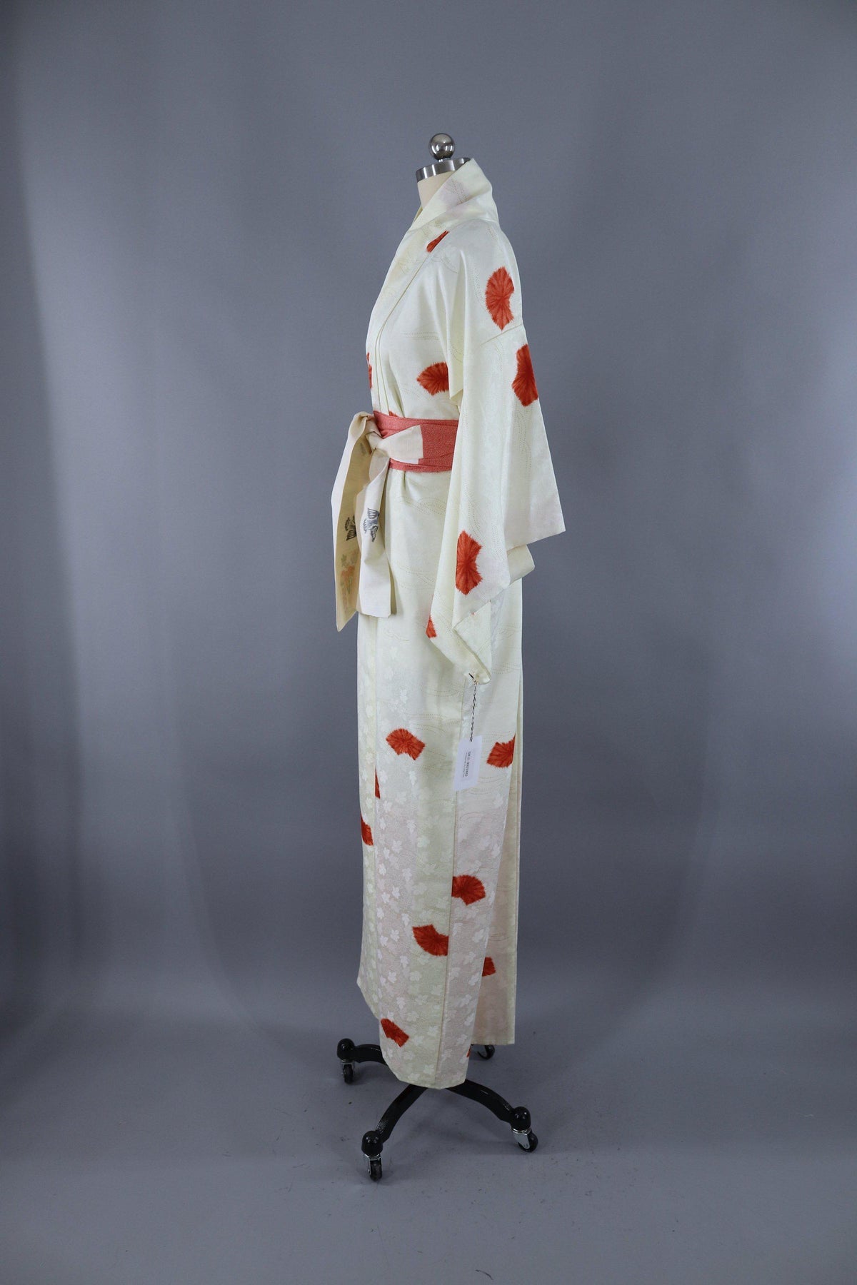 Vintage 1980s Silk Kimono Robe / Ivory Terra Cotta Shibori Fans ...