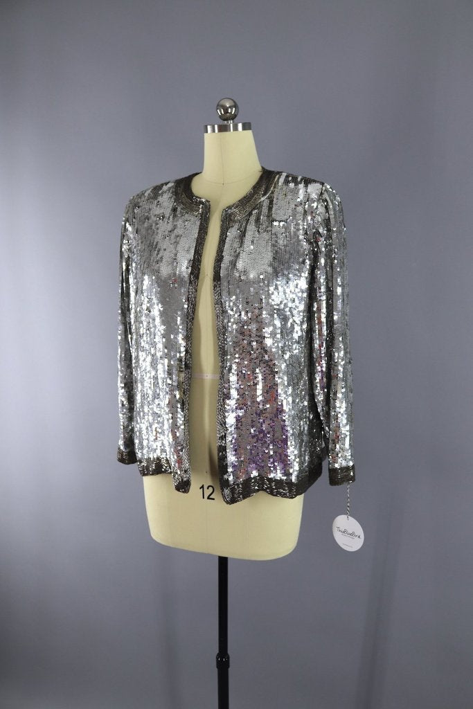 Vintage 1980s Silver Sequined Silk Jacket - ThisBlueBird