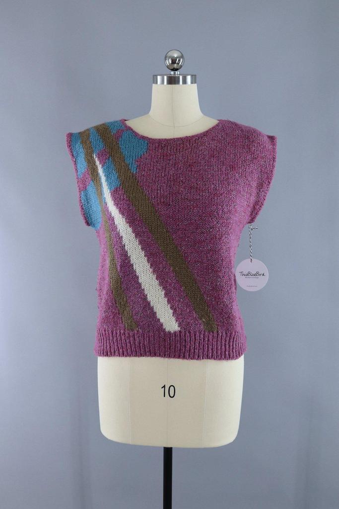 Vintage 1980s Sleeveless Sweater / Purple Abstract - ThisBlueBird