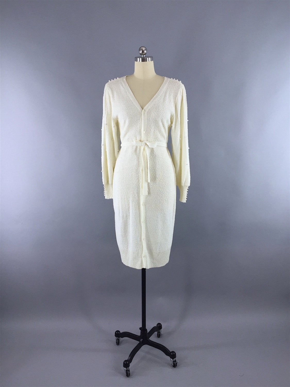 Vintage 1980s Sweater Dress / Ivory Knit with Pearl Trim - ThisBlueBird
