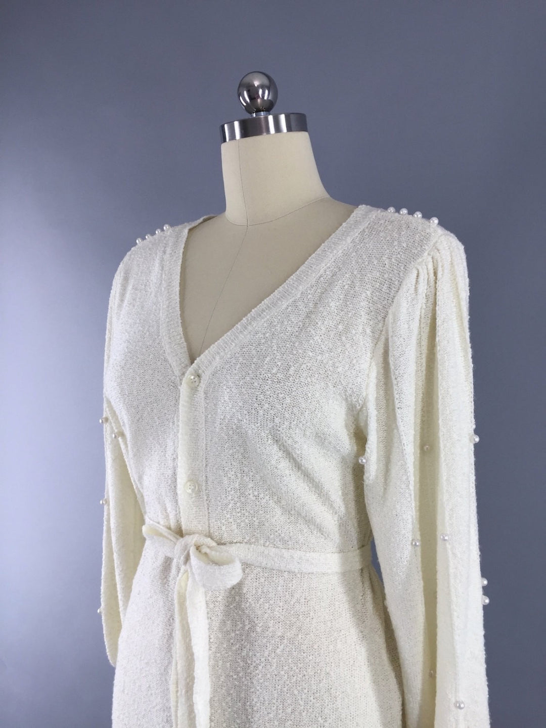 Vintage 1980s Sweater Dress / Ivory Knit with Pearl Trim - ThisBlueBird