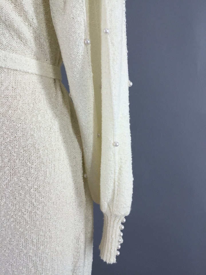 Vintage 1980s Sweater Dress / Ivory Knit with Pearl Trim - ThisBlueBird