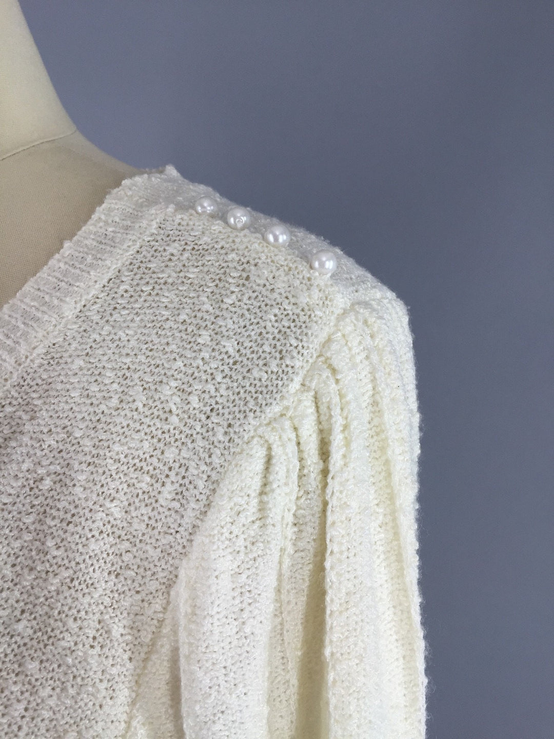 Vintage 1980s Sweater Dress / Ivory Knit with Pearl Trim - ThisBlueBird