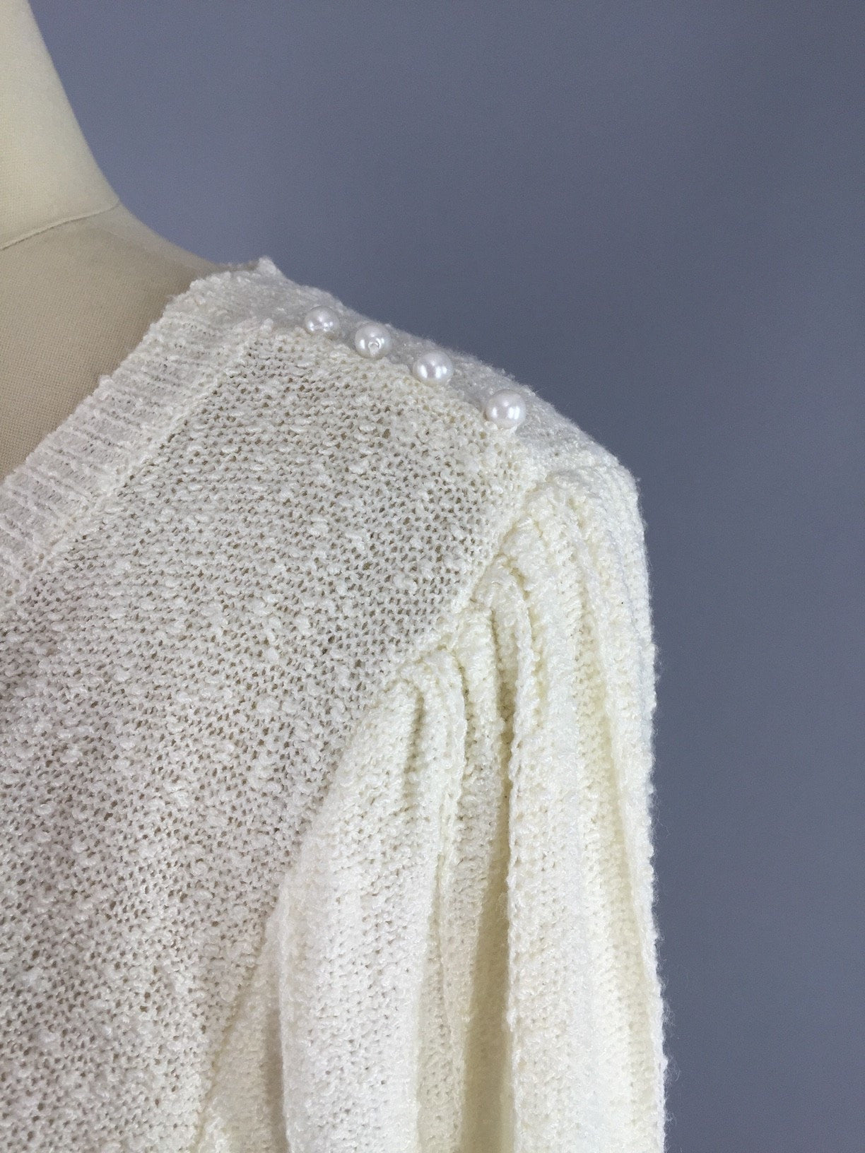 Vintage 1980s Sweater Dress / Ivory Knit with Pearl Trim - ThisBlueBird