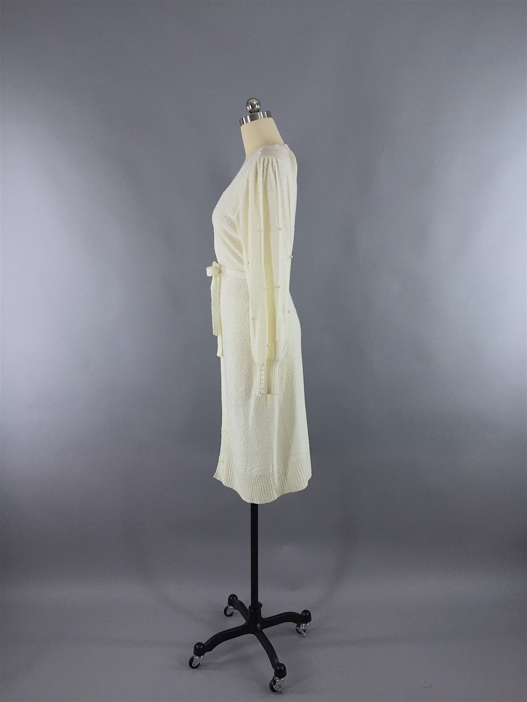 Vintage 1980s Sweater Dress / Ivory Knit with Pearl Trim - ThisBlueBird
