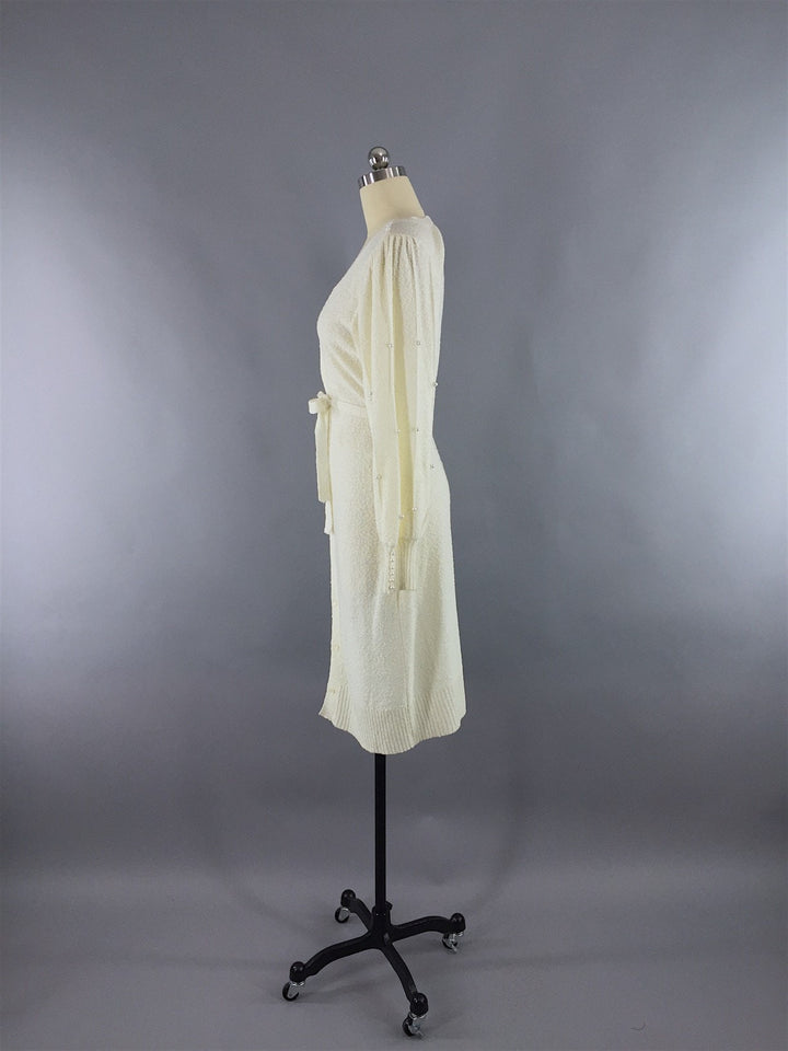 Vintage 1980s Sweater Dress / Ivory Knit with Pearl Trim - ThisBlueBird
