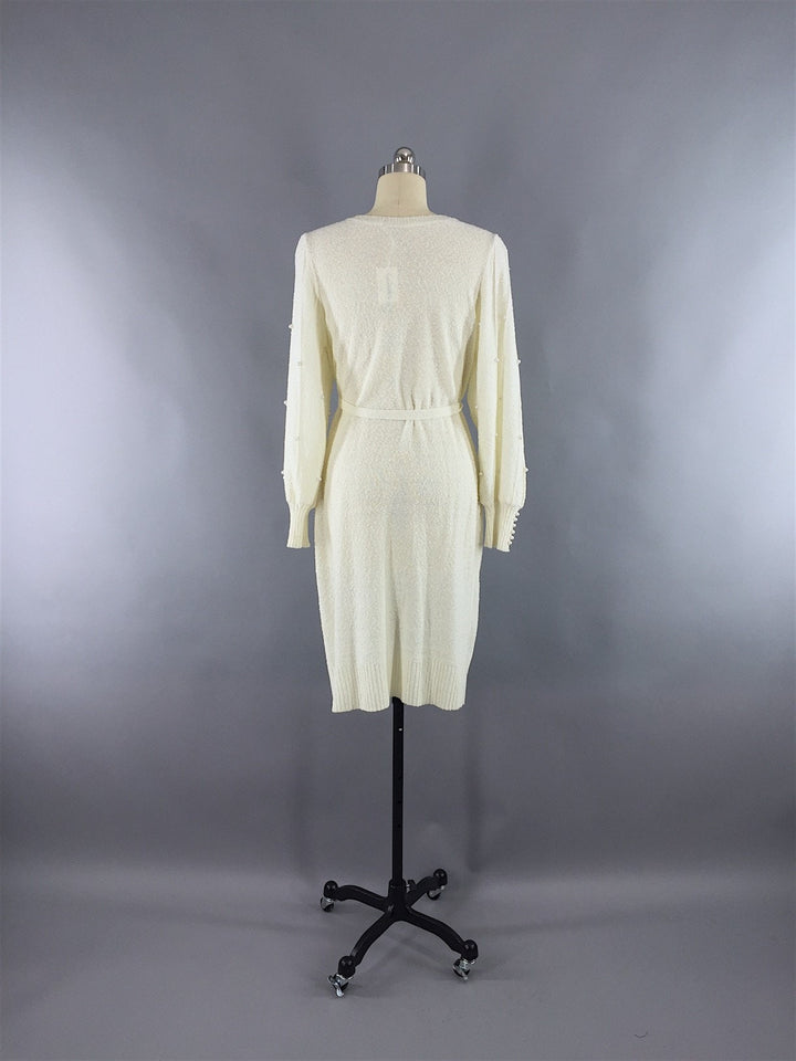 Vintage 1980s Sweater Dress / Ivory Knit with Pearl Trim - ThisBlueBird