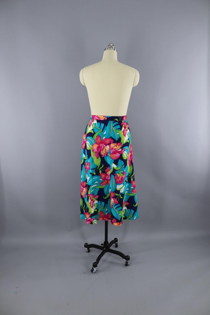 Vintage 1980s Tropical Hawaiian Print Skirt / Orchid Floral - ThisBlueBird