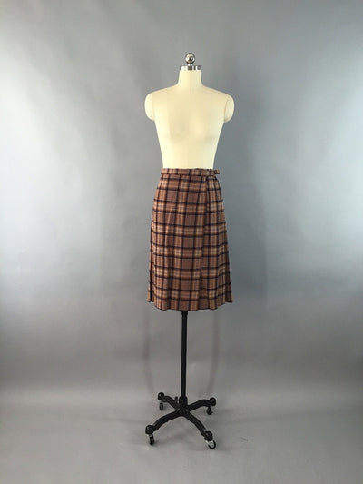Vintage 1980s Young Pendleton Wool Blue Brown Plaid Tartan Wrap Skirt - ThisBlueBird