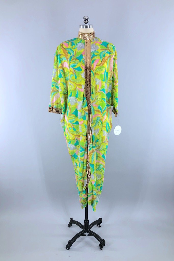 Vintage 70s Lime Green Sequined Caftan Dress-ThisBlueBird - Modern Vintage