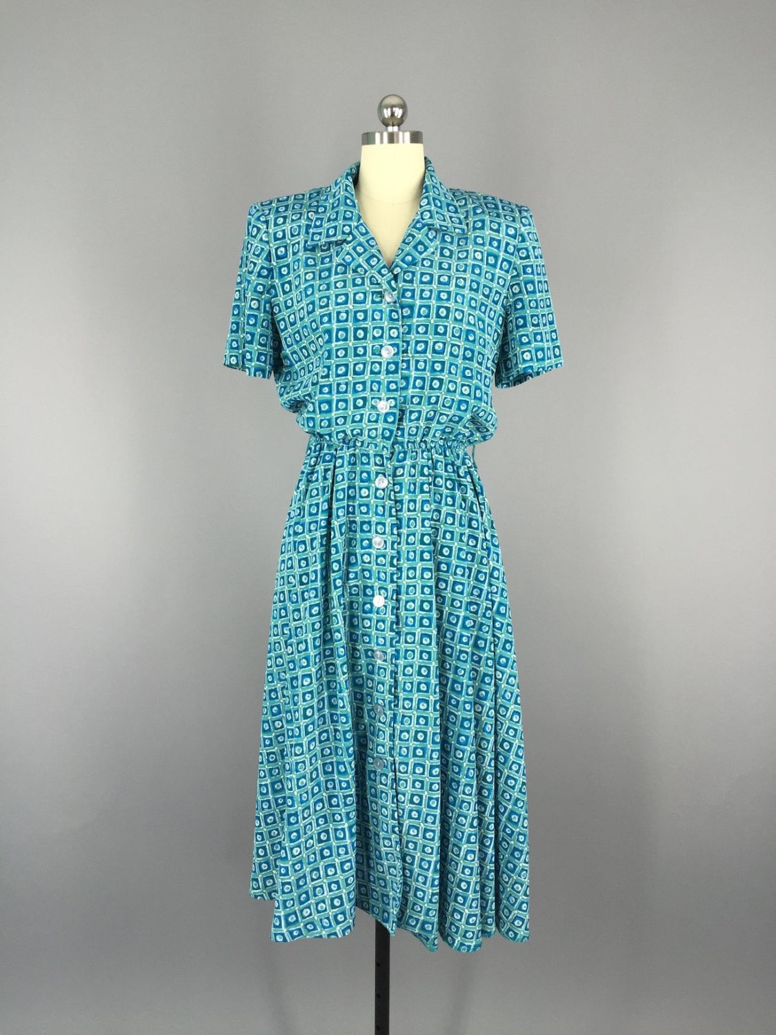 Vintage 80s Day Dress / Blue Square Print - ThisBlueBird