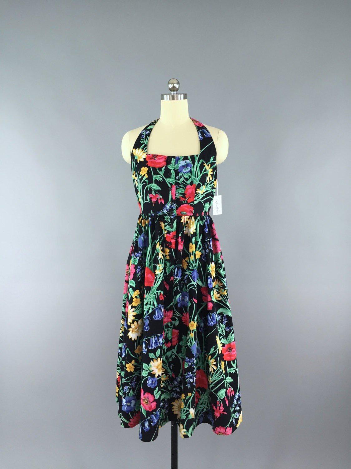 Vintage 80s Dress / Black Floral Print - ThisBlueBird