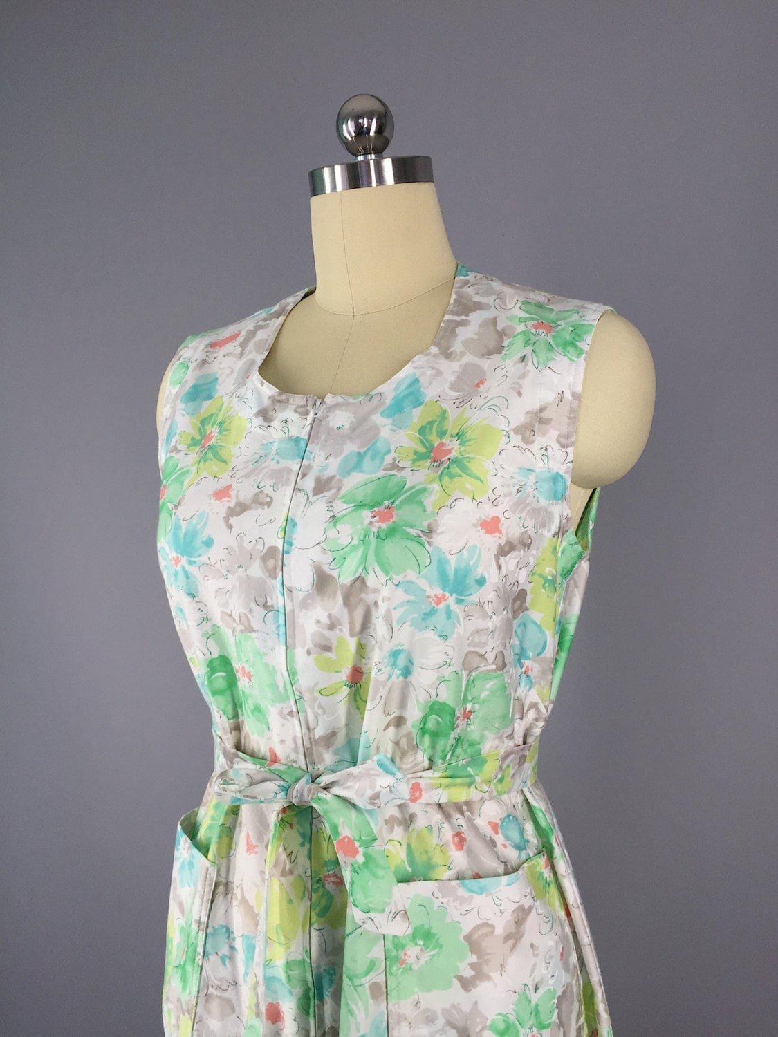 Vintage 80s Dress / Green Floral Print Dress - ThisBlueBird
