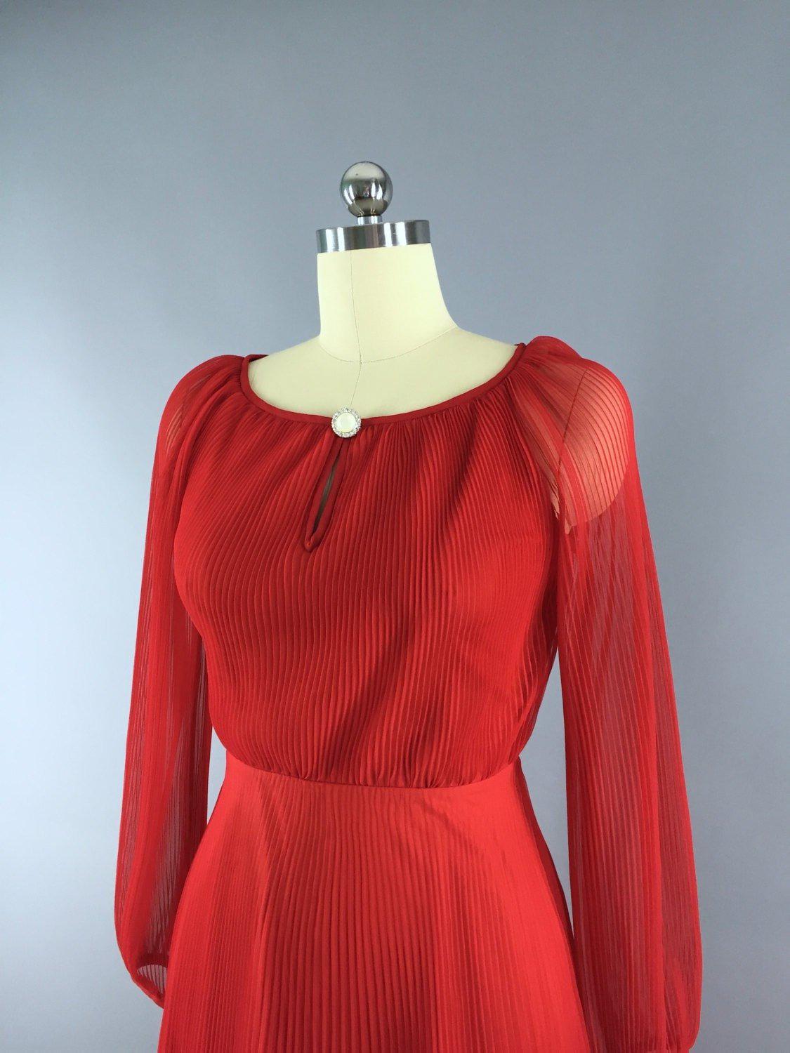 Vintage 80s Dress / Red Chiffon - ThisBlueBird