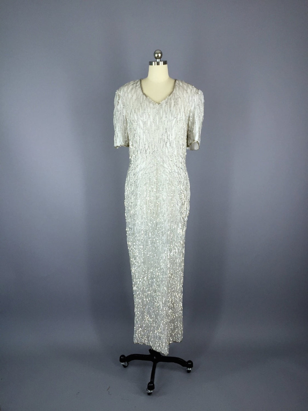 Vintage 80s Dress / Silver White Beaded Dress – ThisBlueBird