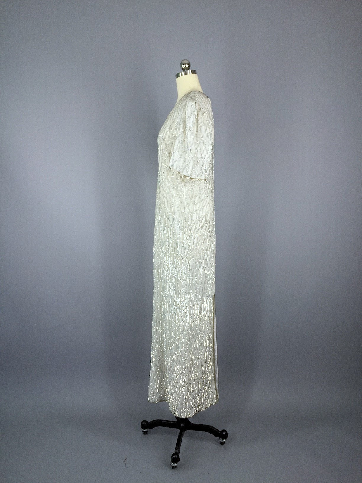Vintage 80s Dress / Silver White Beaded Dress - ThisBlueBird