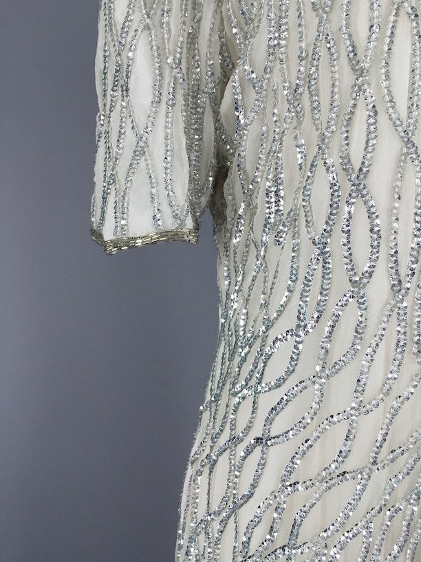 Vintage 80s Dress / Silver White Beaded Dress - ThisBlueBird