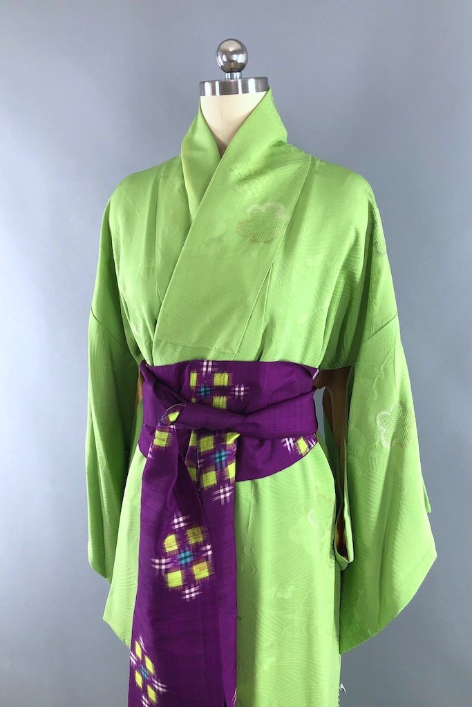 Vintage Apple Green Silk Kimono Robe-ThisBlueBird - Modern Vintage