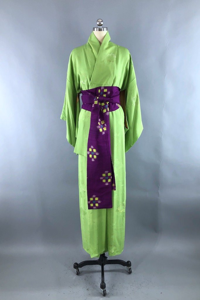 Vintage Apple Green Silk Kimono Robe-ThisBlueBird - Modern Vintage