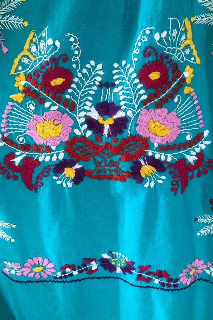 Vintage Aqua Blue Mexican Embroidered Caftan Dress-ThisBlueBird - Modern Vintage