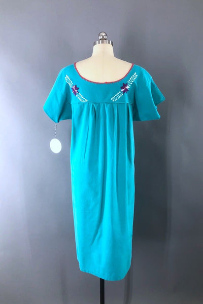 Vintage Aqua Blue Mexican Embroidered Caftan Dress-ThisBlueBird - Modern Vintage
