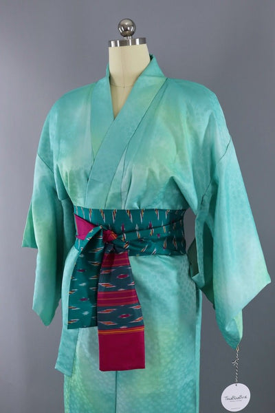 Vintage Aqua Blue Satin Kimono Robe-ThisBlueBird - Modern Vintage