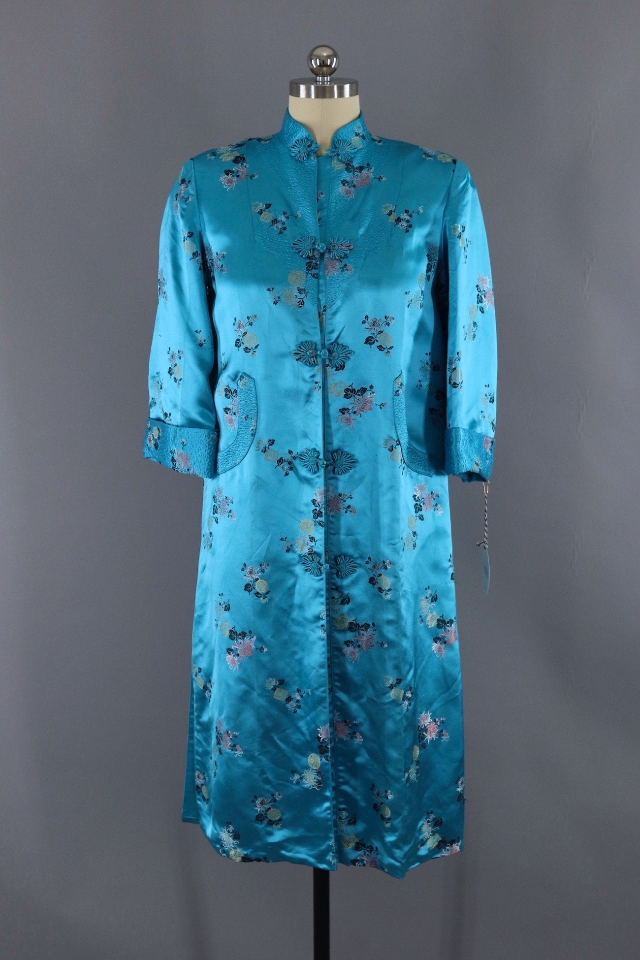 Vintage Aqua Blue Silk Satin Chinese Robe-ThisBlueBird - Modern Vintage