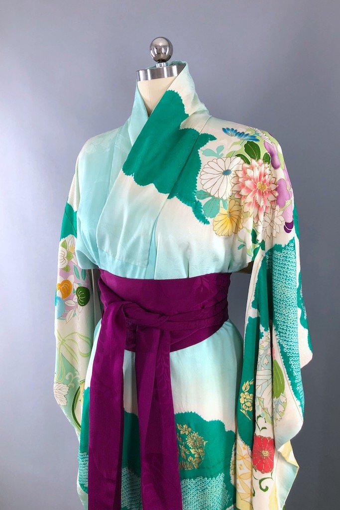 Vintage Aqua Green Sewing Thread Silk Kimono Robe-ThisBlueBird - Modern Vintage