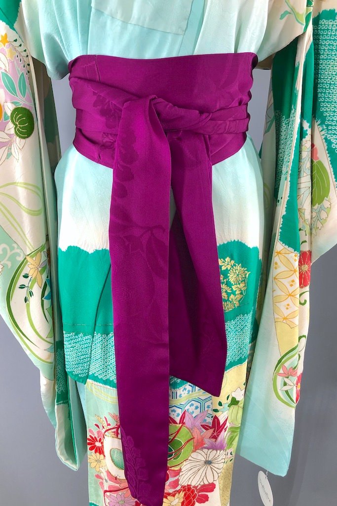 Vintage Aqua Green Sewing Thread Silk Kimono Robe-ThisBlueBird - Modern Vintage