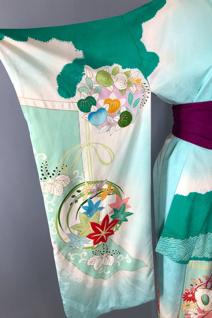Vintage Aqua Green Sewing Thread Silk Kimono Robe-ThisBlueBird - Modern Vintage