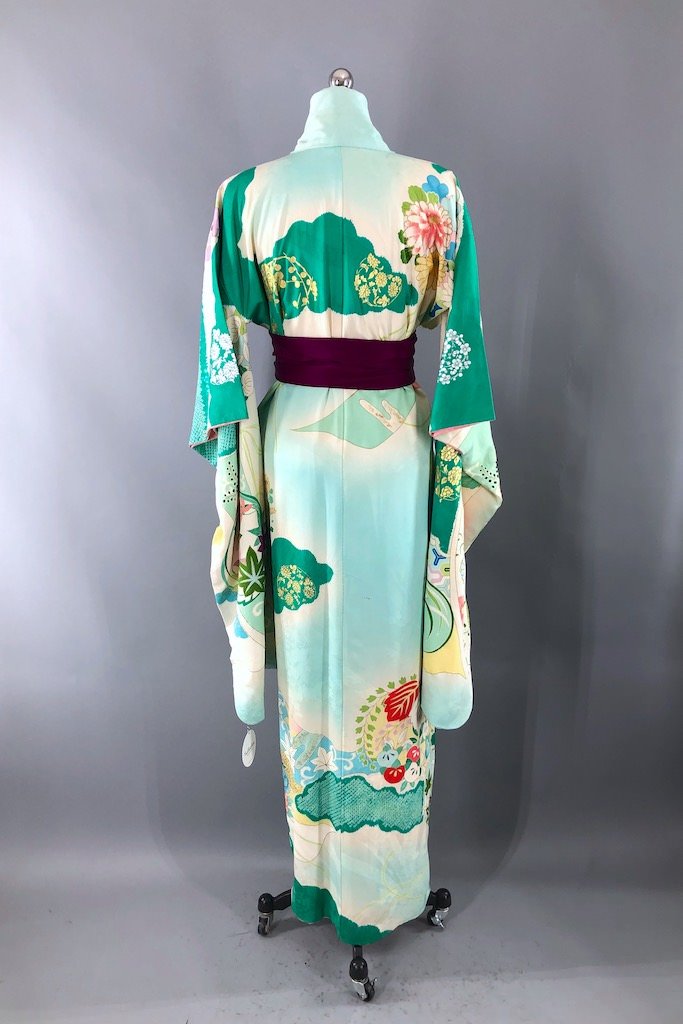 Vintage Aqua Green Sewing Thread Silk Kimono Robe-ThisBlueBird - Modern Vintage