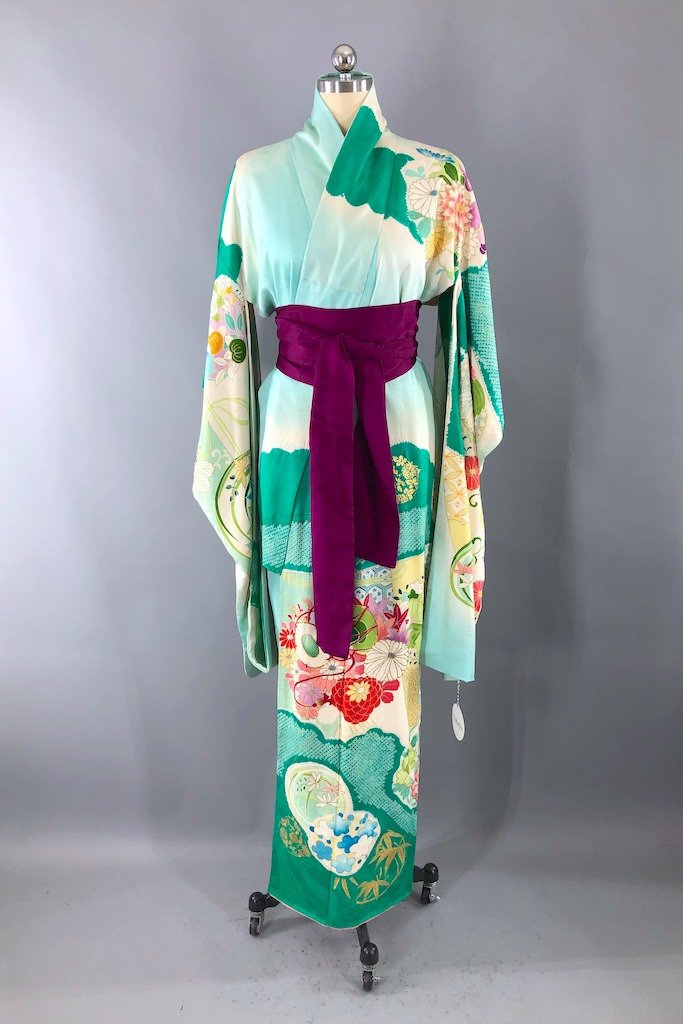 Vintage Aqua Green Sewing Thread Silk Kimono Robe-ThisBlueBird - Modern Vintage