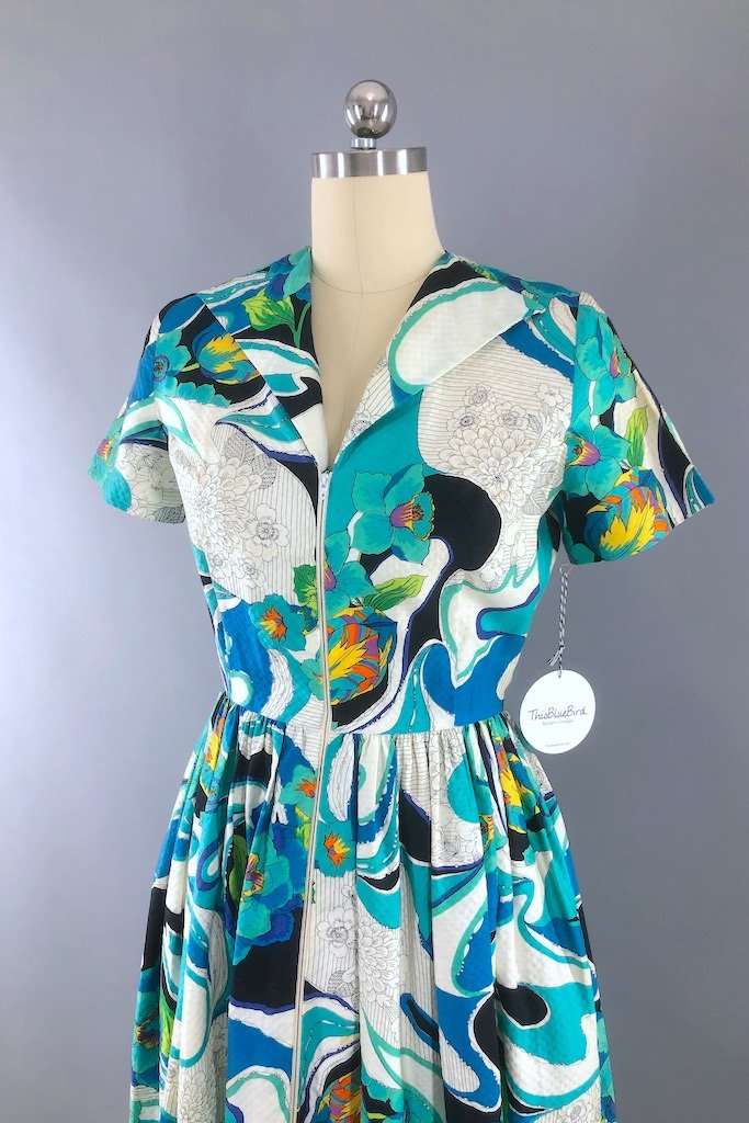 Vintage Aqua Tropical Floral Print Dress-ThisBlueBird - Modern Vintage