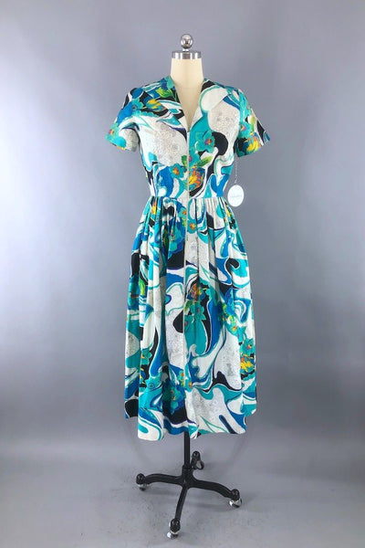 Vintage Aqua Tropical Floral Print Dress-ThisBlueBird - Modern Vintage