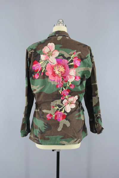 Vintage Army Camouflage Military Jacket with Large Peach Pink Floral Embroidery - ThisBlueBird