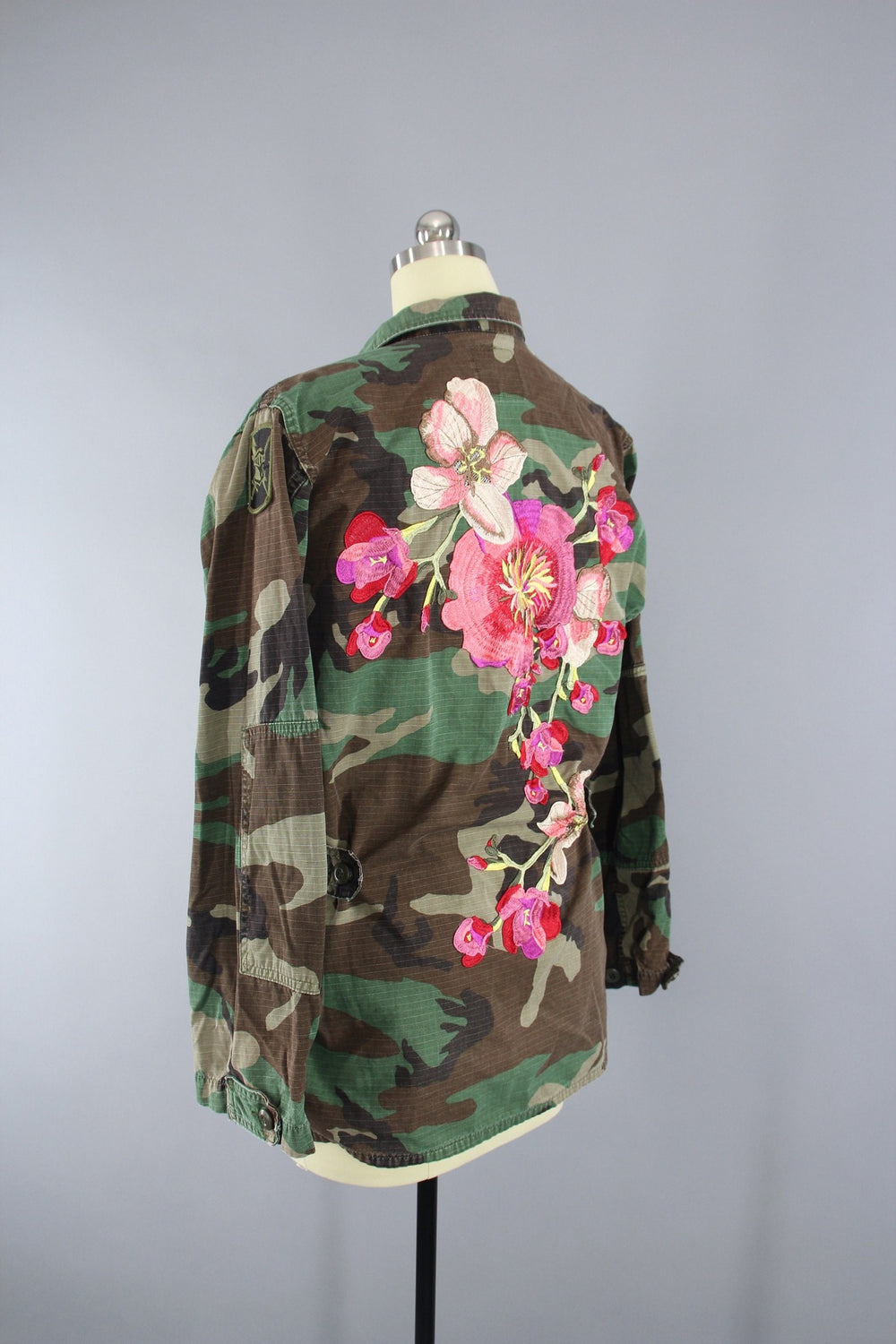Vintage Army Camouflage Military Jacket with Large Peach Pink Floral Embroidery - ThisBlueBird