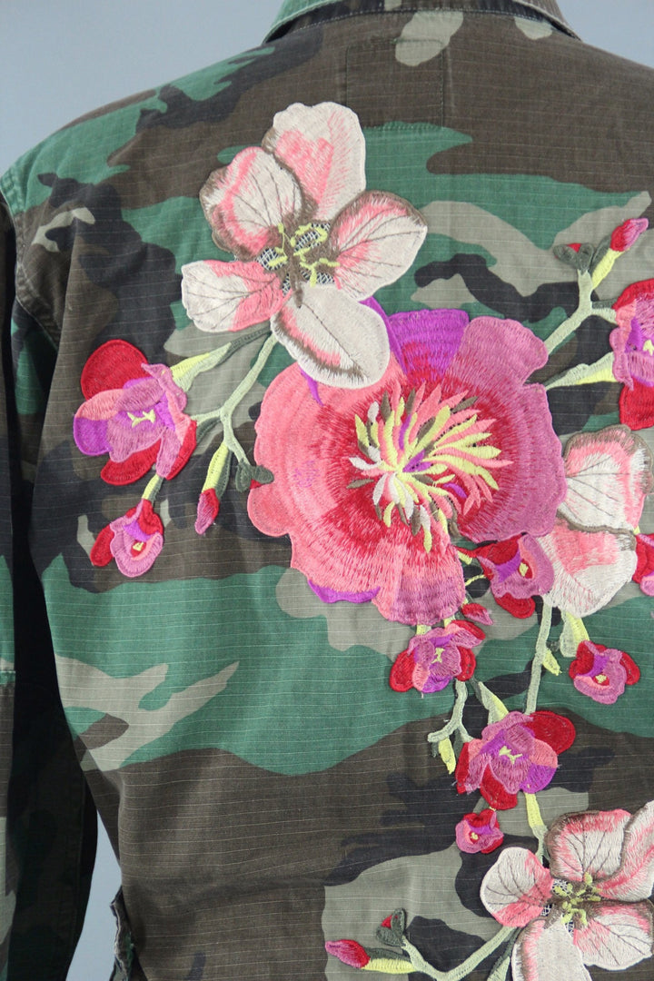 Vintage Army Camouflage Military Jacket with Large Peach Pink Floral Embroidery - ThisBlueBird