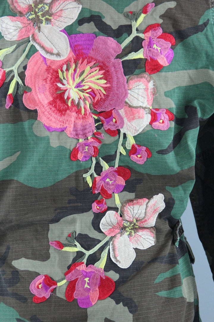 Vintage Army Camouflage Military Jacket with Large Peach Pink Floral Embroidery - ThisBlueBird