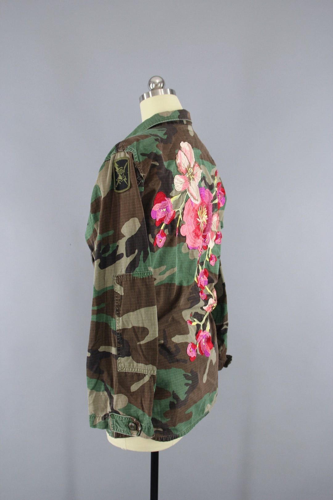 Vintage Army Camouflage Military Jacket with Large Peach Pink Floral Embroidery - ThisBlueBird