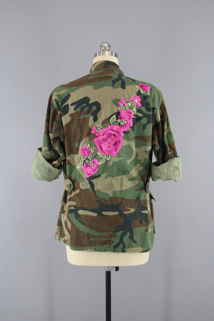 Vintage Army Camouflage Military Jacket with Pink Floral Embroidery - ThisBlueBird