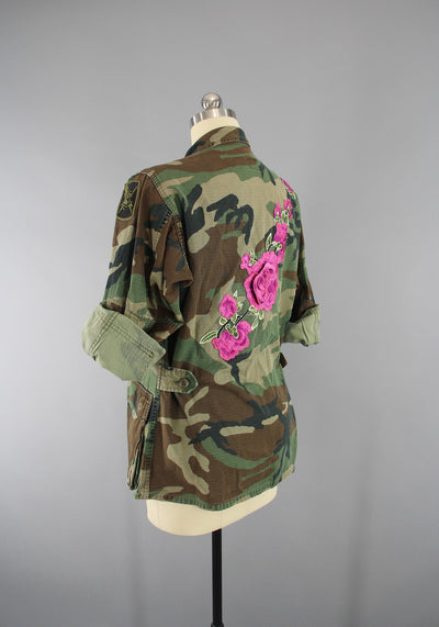 Vintage Army Camouflage Military Jacket with Pink Floral Embroidery - ThisBlueBird