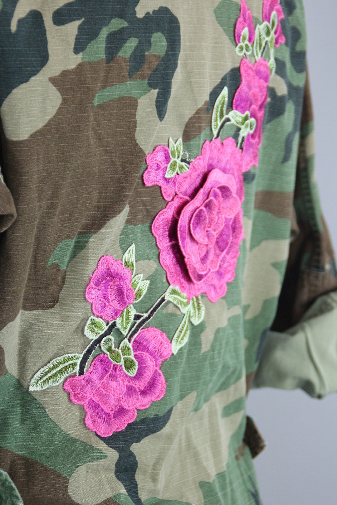 Vintage Army Camouflage Military Jacket with Pink Floral Embroidery - ThisBlueBird