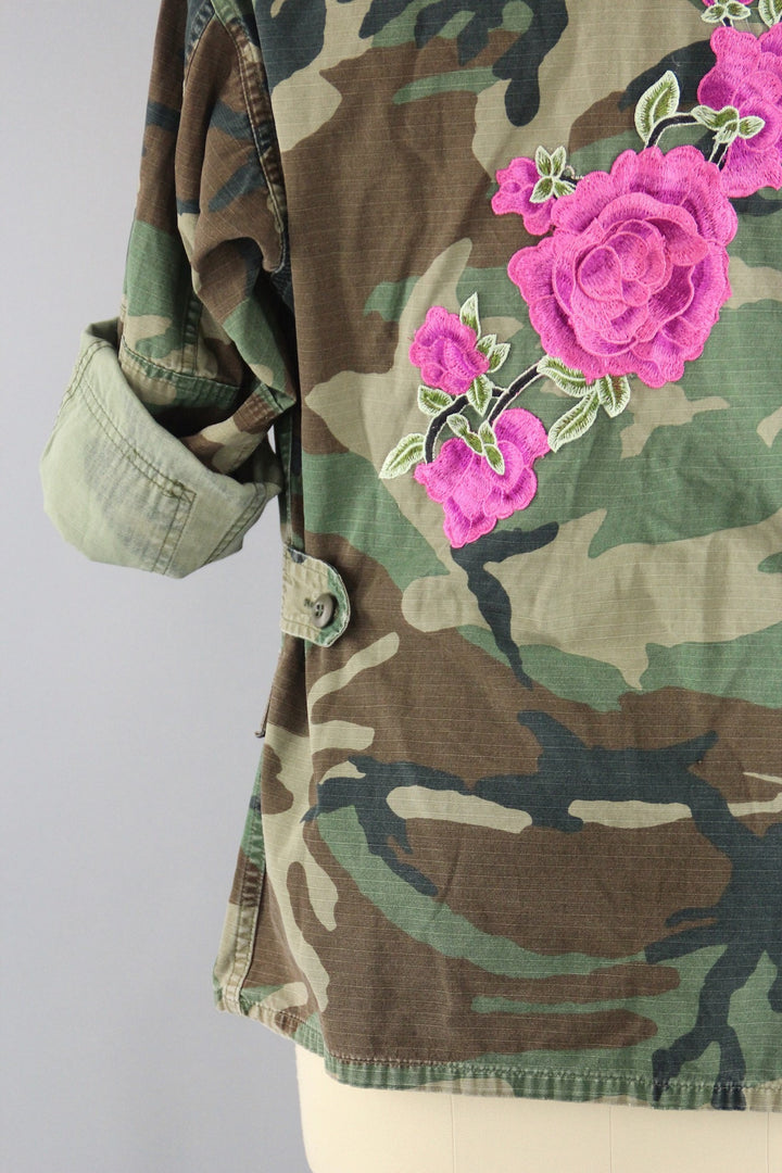 Vintage Army Camouflage Military Jacket with Pink Floral Embroidery - ThisBlueBird