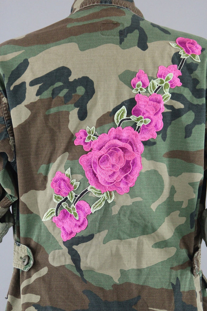 Vintage Army Camouflage Military Jacket with Pink Floral Embroidery - ThisBlueBird