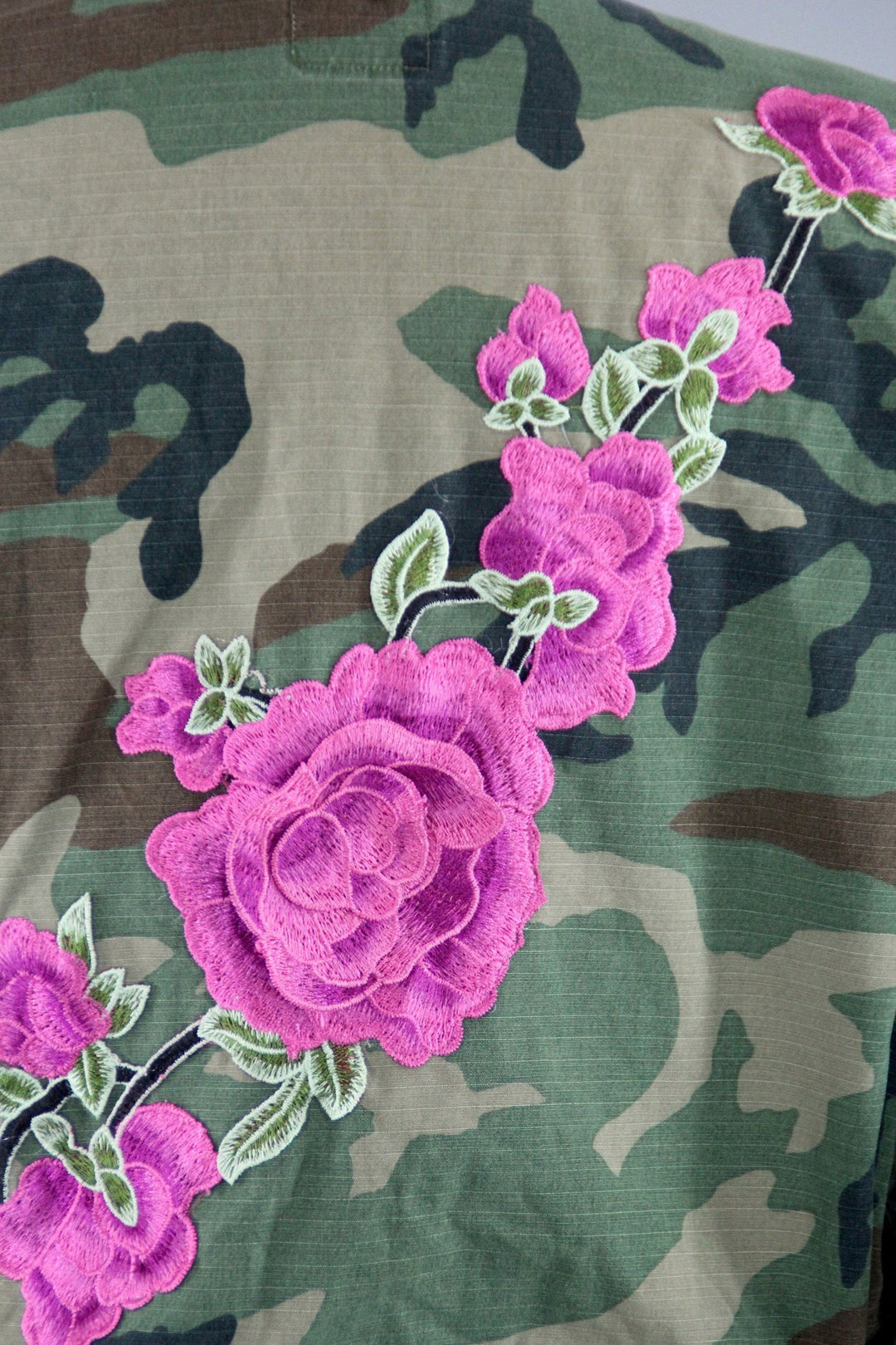 Vintage Army Camouflage Military Jacket with Pink Floral Embroidery - ThisBlueBird